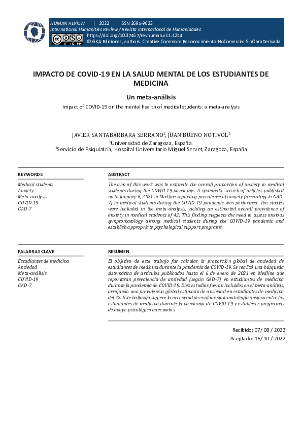 (PDF) Impacto de COVID-19 en la salud mental de los estudiantes de medicina