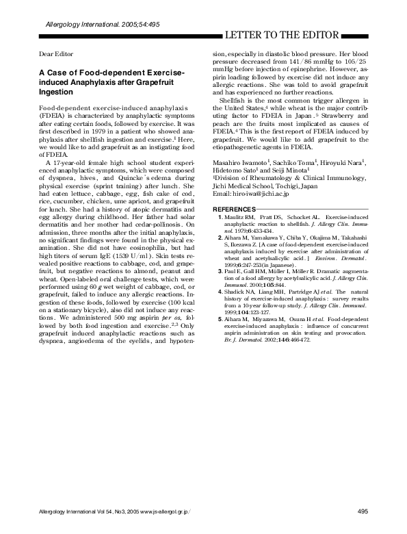 (PDF) A Case of Food-dependent Exercise-induced Anaphylaxis after ...