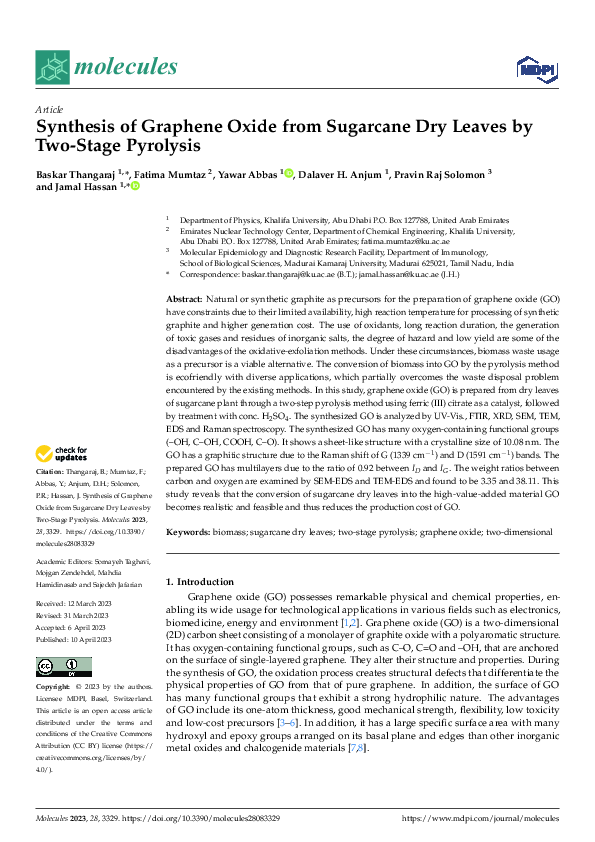 (PDF) Synthesis of Graphene Oxide from Sugarcane Dry Leaves by Two ...