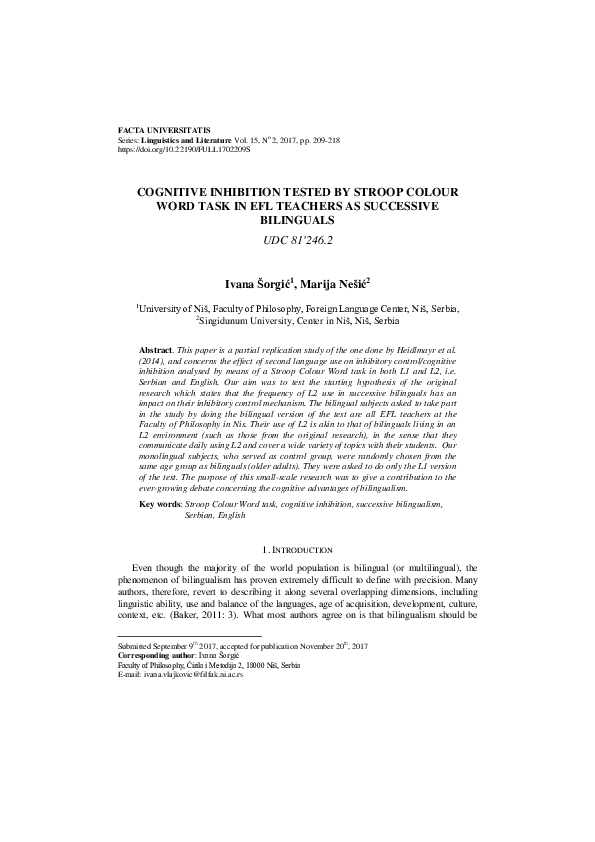 (PDF) Cognitive Inhibition Tested by Stroop Colour Word Task in Efl ...