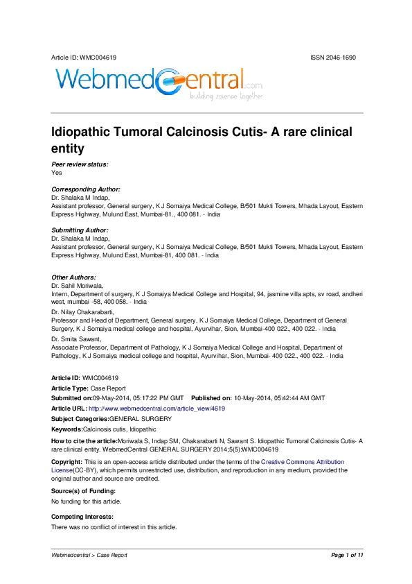 (PDF) Idiopathic Tumoral Calcinosis Cutis- A rare clinical entity