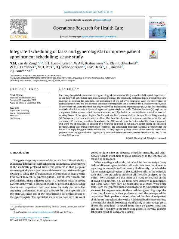 (PDF) Integrated scheduling of tasks and gynecologists to improve ...