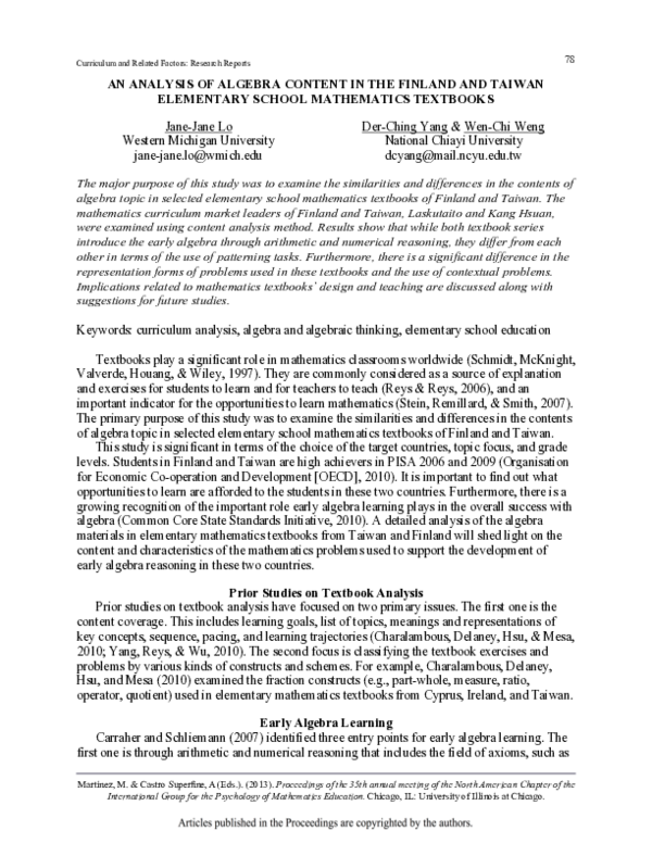 (PDF) An Analysis of Algebra Content in the Finland and Taiwan ...