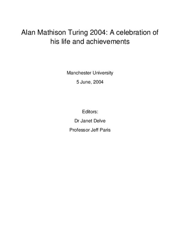 (PDF) Alan Mathison Turing 2004: A celebration of his life and ...