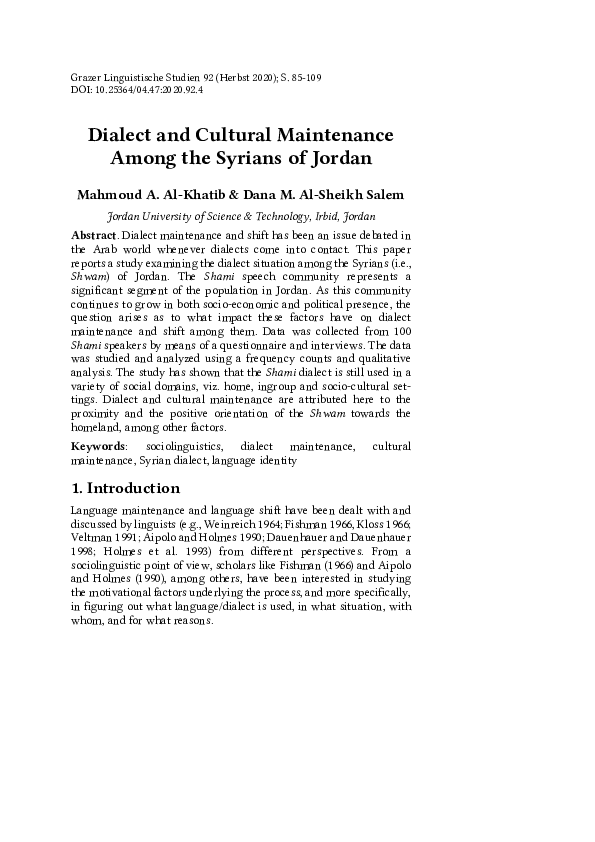 (PDF) Dialect and Cultural Maintenance Among the Syrians of Jordan