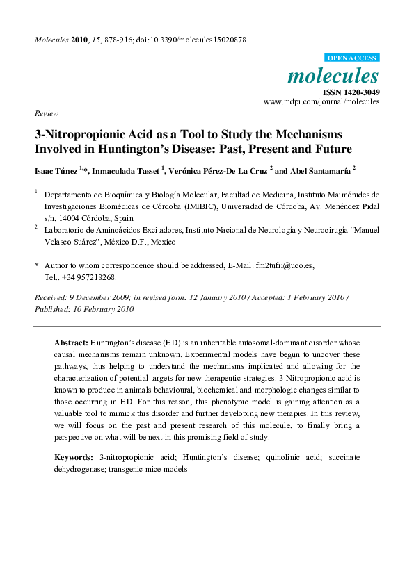 (PDF) 3-Nitropropionic Acid as a Tool to Study the Mechanisms Involved ...