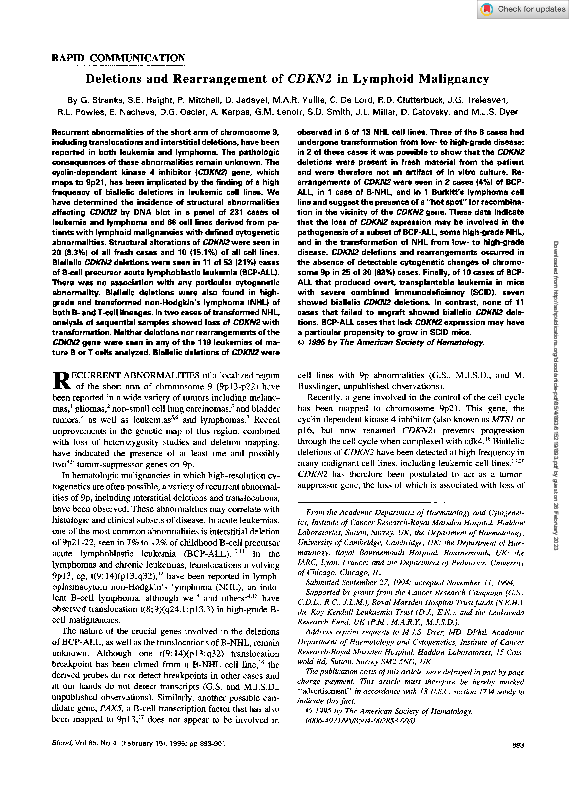 (PDF) Deletions and rearrangement of CDKN2 in lymphoid malignancy