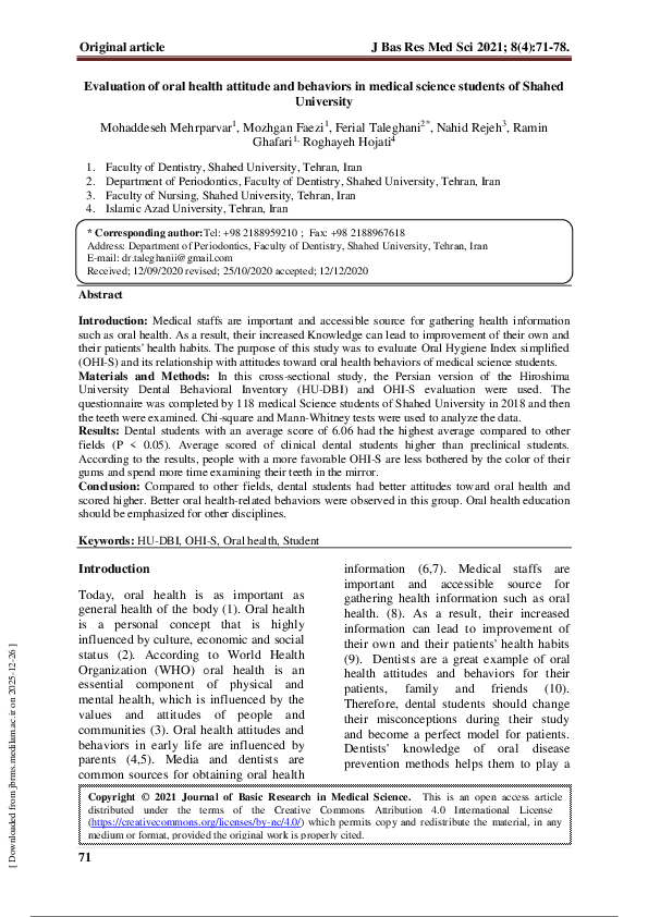 (PDF) Evaluation of oral health attitude and behaviors in medical ...
