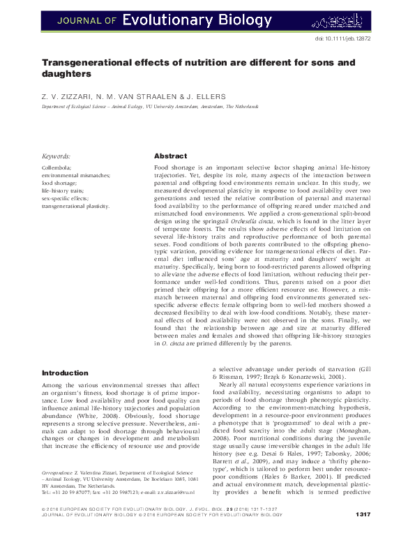 (PDF) Transgenerational effects of nutrition are different for sons and ...