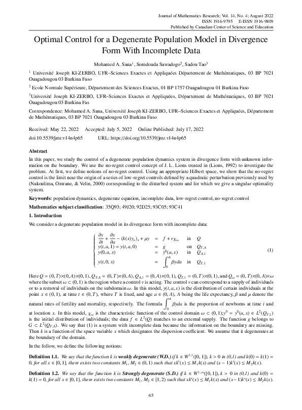 (PDF) Optimal Control for a Degenerate Population Model in Divergence ...