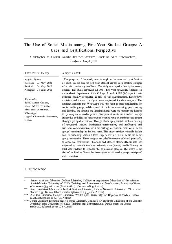 (PDF) The Use of Social Media among First-Year Student Groups: A Uses ...