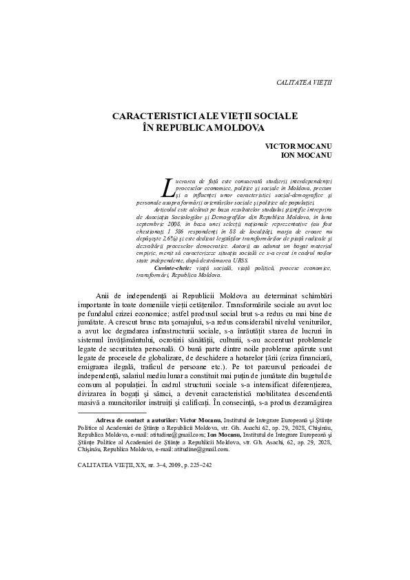(PDF) Caracteristici Ale Vieţii Sociale În Republica Moldova│