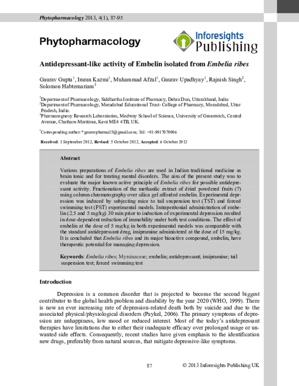 (PDF) Antidepressant-like activity of Embelin isolated from Embelia ribes