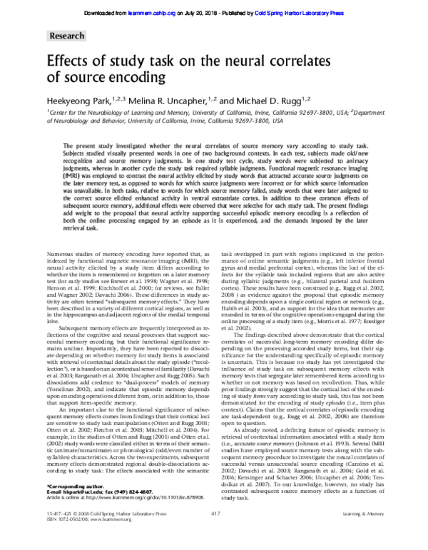 (PDF) Effects of study task on the neural correlates of source encoding