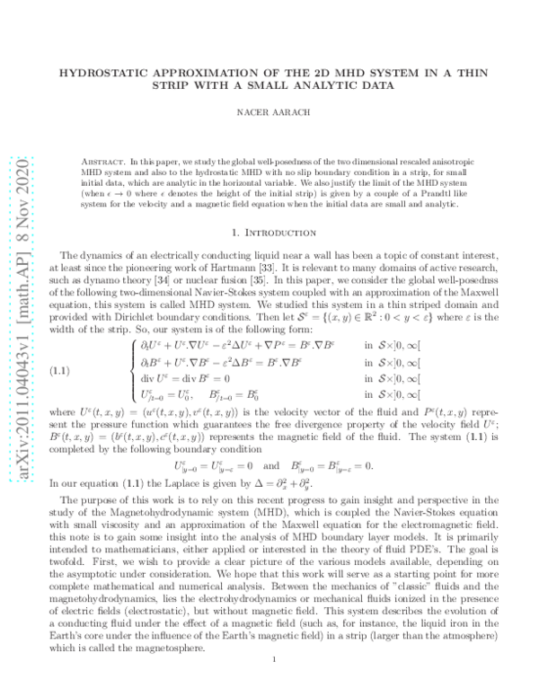 (PDF) Hydrostatic Approximation of the 2D MHD System in a Thin Strip ...