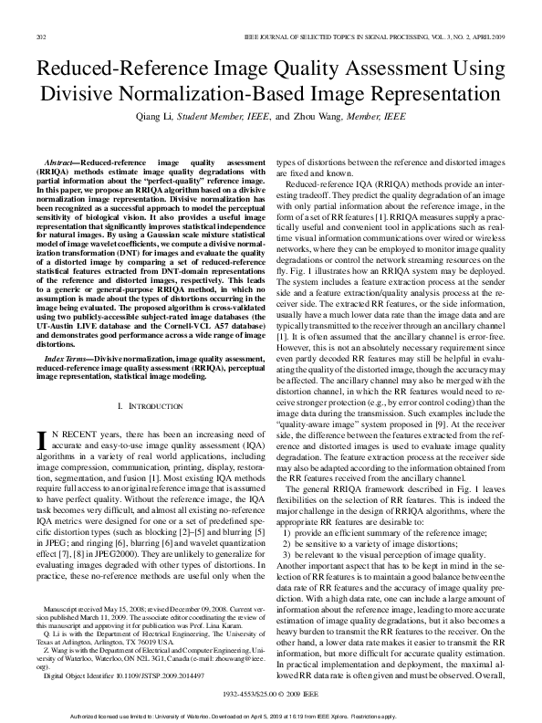 (PDF) Reduced-Reference Image Quality Assessment Using Divisive ...