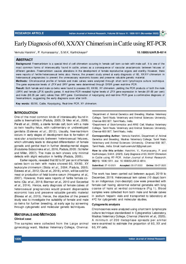 (PDF) Early Diagnosis of 60, XX/XY Chimerism in Cattle using RT-PCR