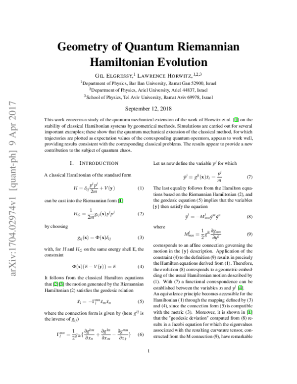 (PDF) Geometry of quantum Riemannian Hamiltonian evolution