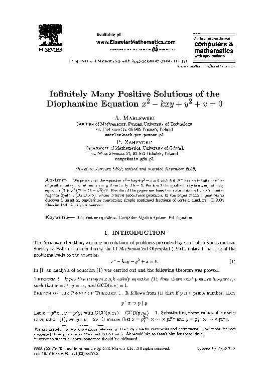 (PDF) Infinitely many positive solutions of the diophantine equation x2 ...
