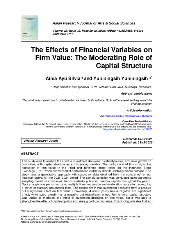 (PDF) The Effects of Financial Variables on Firm Value: The Moderating ...