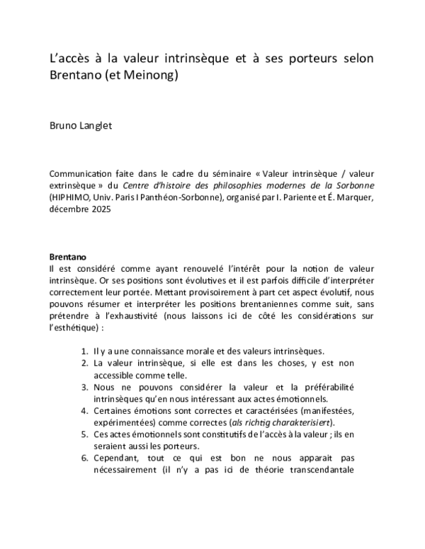 (PDF) L'accès à la valeur intrinsèque et à ses porteurs selon Brentano ...