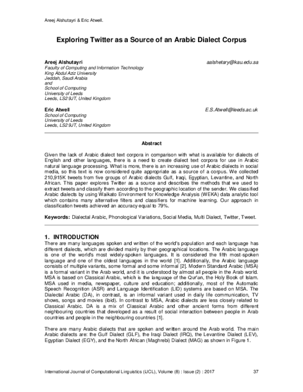 (PDF) Exploring Twitter as a Source of an Arabic Dialect Corpus