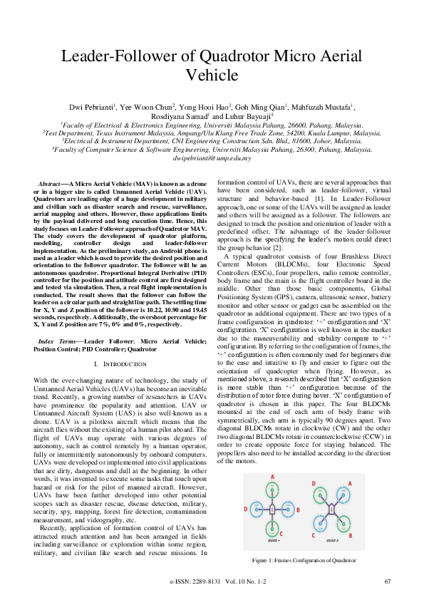 (PDF) Leader Follower of Quadrotor Micro Aerial Vehicle