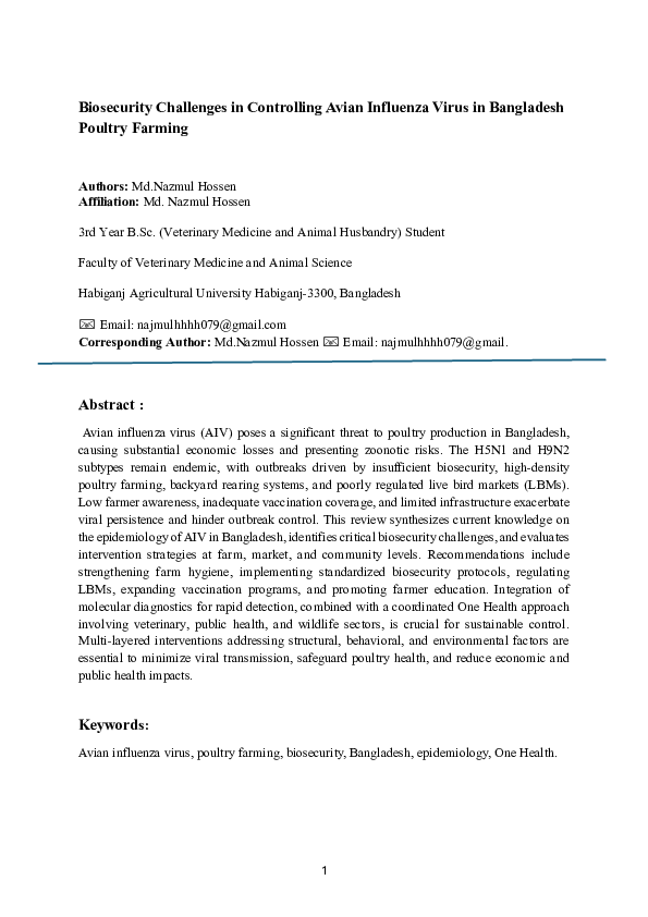 (PDF) Biosecurity Challenges in Controlling Avian Influenza Virus in ...
