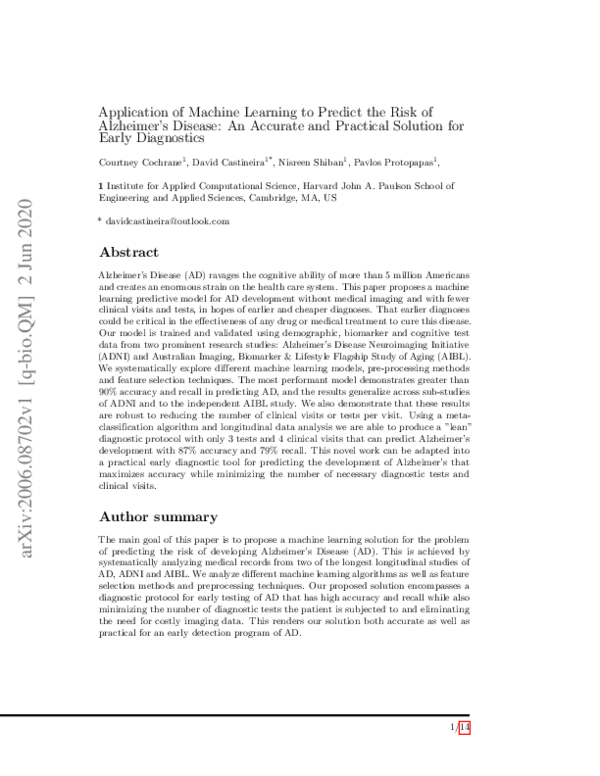 (PDF) Application of Machine Learning to Predict the Risk of Alzheimer ...