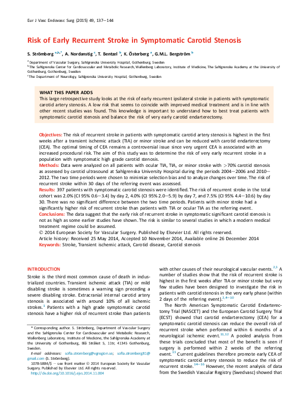 (PDF) Risk of Early Recurrent Stroke in Symptomatic Carotid Stenosis