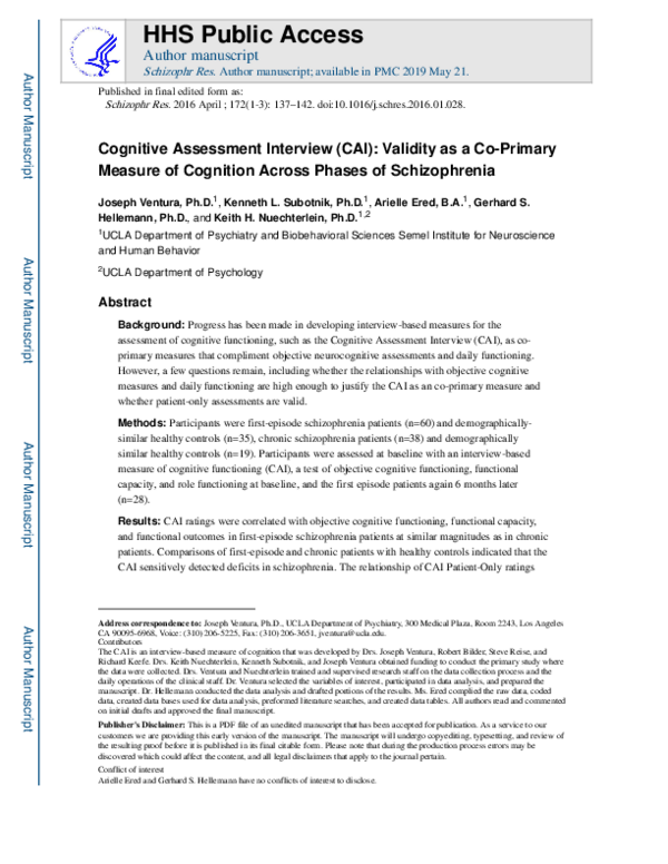 (PDF) Cognitive Assessment Interview (CAI): Validity as a co-primary ...