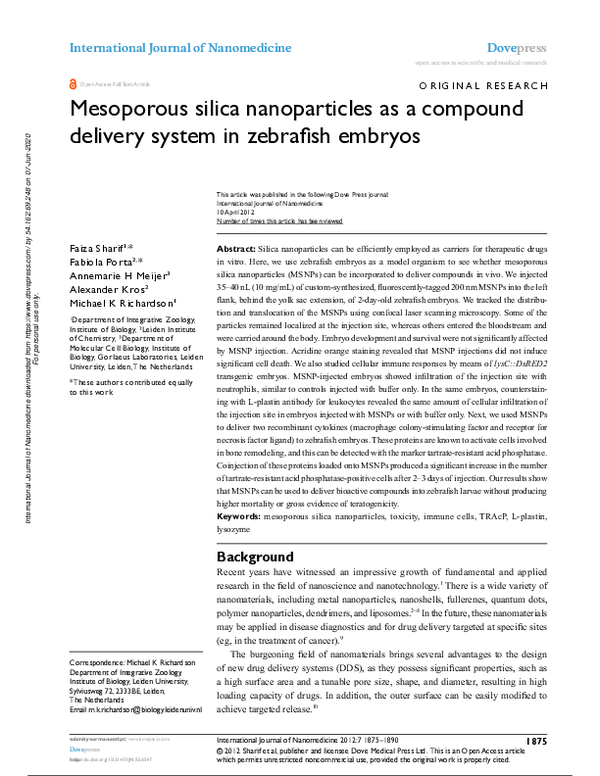 (PDF) Mesoporous silica nanoparticles as a compound delivery system in ...