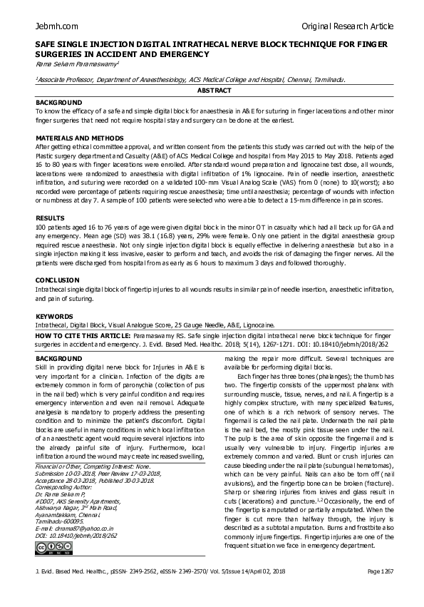 (PDF) Safe Single Injection Digital Intrathecal Nerve Block Technique ...