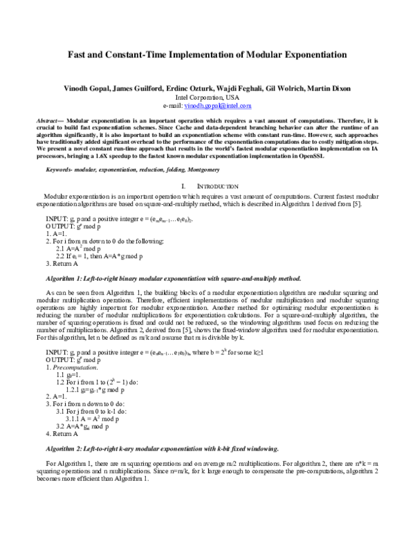 (PDF) Fast and Constant-Time Implementation of Modular Exponentiation