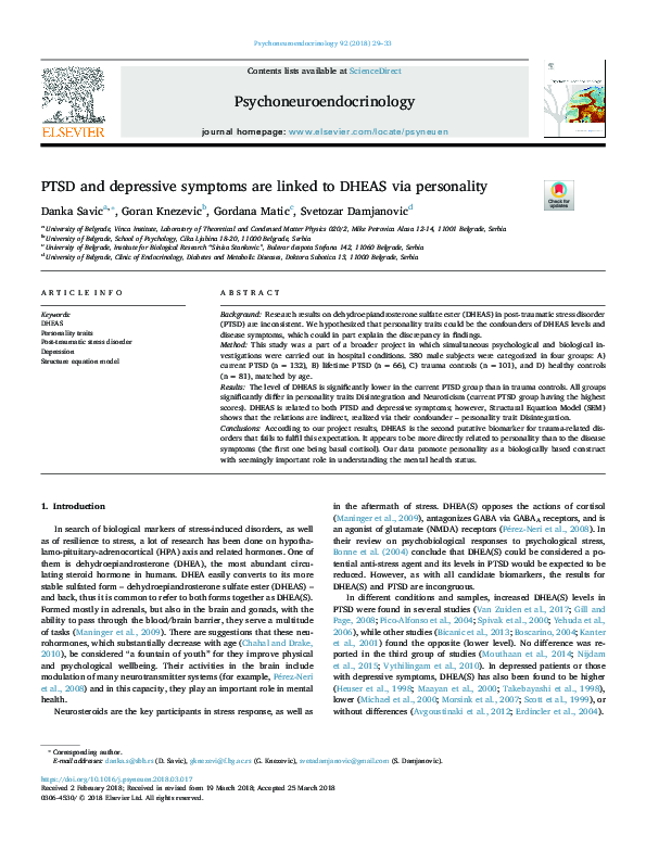 (PDF) PTSD and depressive symptoms are linked to DHEAS via personality