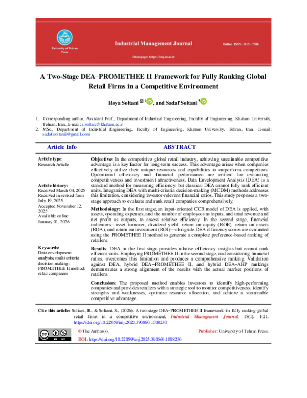 (PDF) A Two-Stage DEA–PROMETHEE II Framework for Fully Ranking Global ...