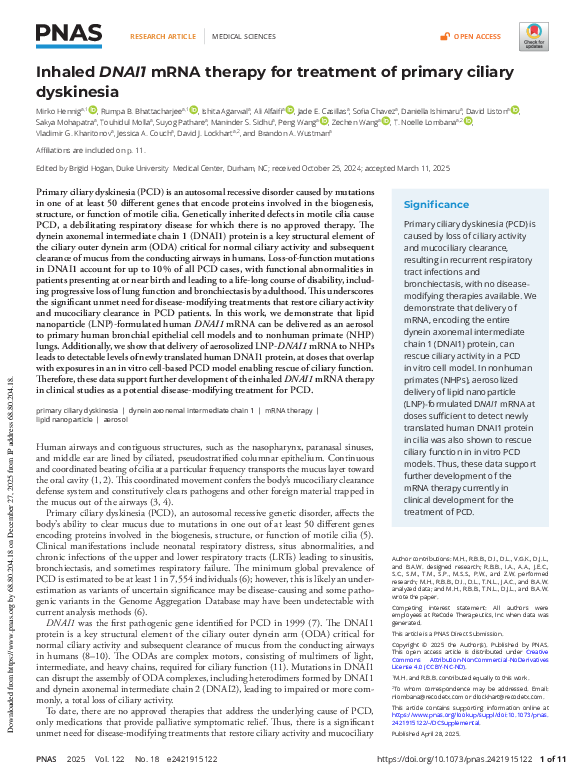 (PDF) Inhaled DNAI1 mRNA therapy for treatment of primary ciliary ...