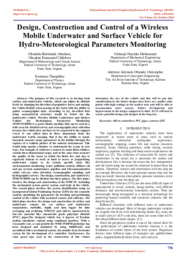 (PDF) Design, Construction and Control of a Wireless Mobile Underwater ...