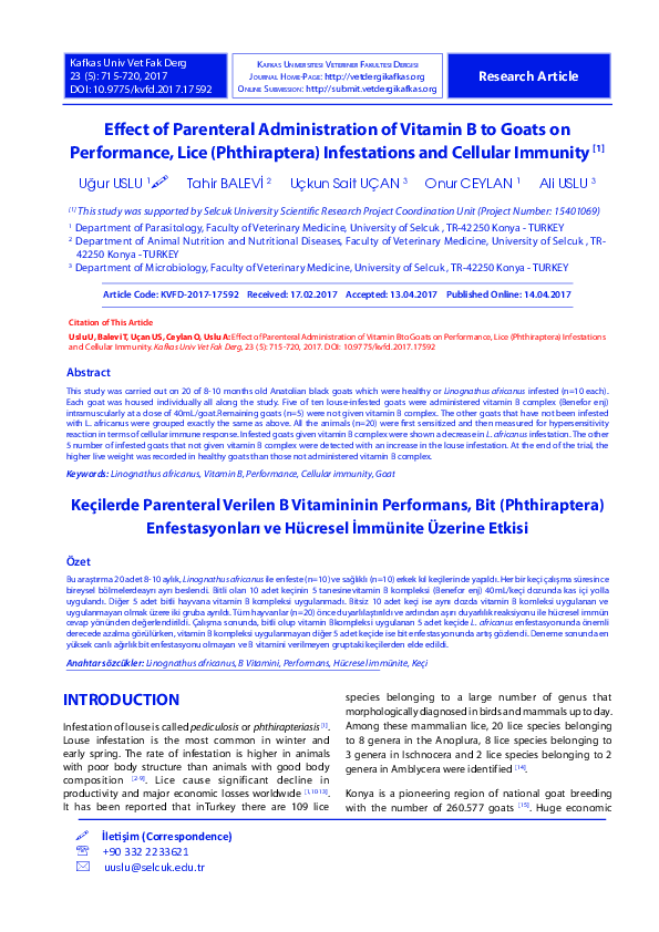 (PDF) Keçilerde Parenteral Verilen B Vitamininin Performans, Bit ...
