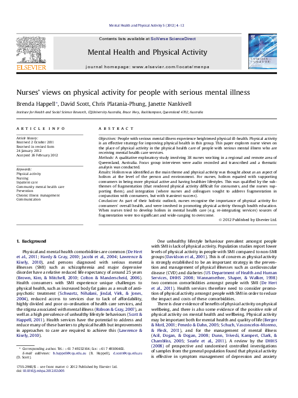 (PDF) Nurses' views on physical activity for people with serious mental ...