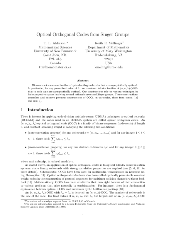 (PDF) Optical orthogonal codes from Singer groups