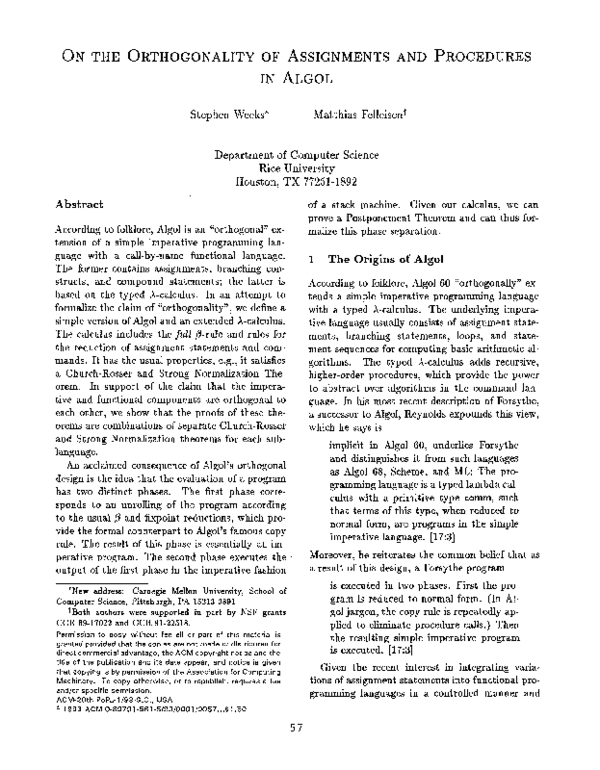 (PDF) On the orthogonality of assignments and procedures in Algol