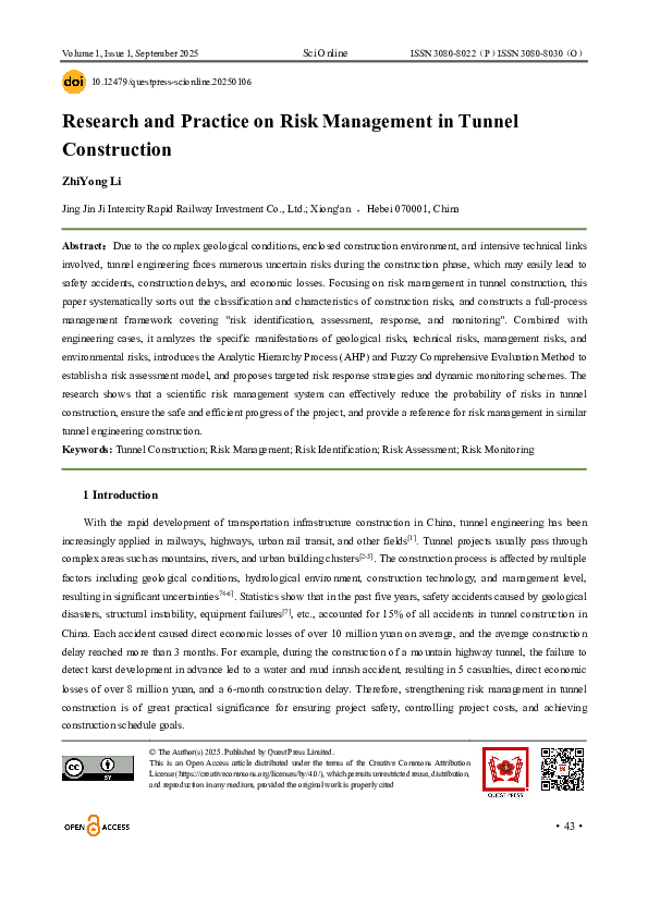 (PDF) Research and Practice on Risk Management in Tunnel Construction
