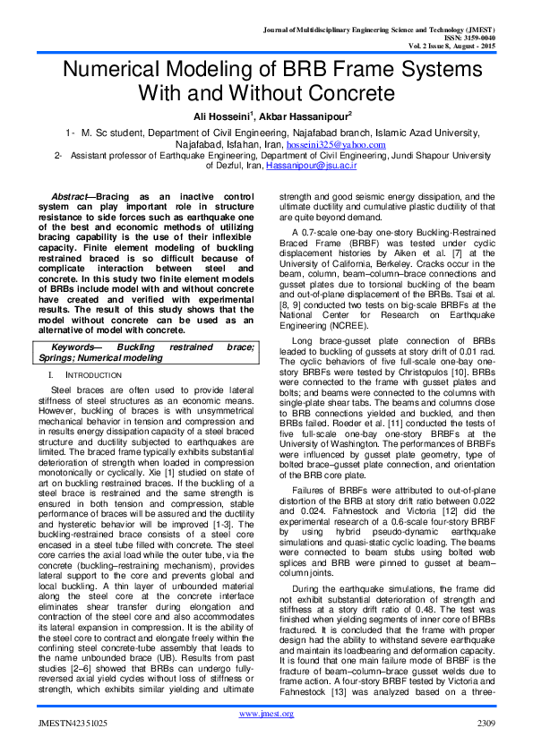 (PDF) Numerical Modeling of BRB Frame Systems With and Without Concrete