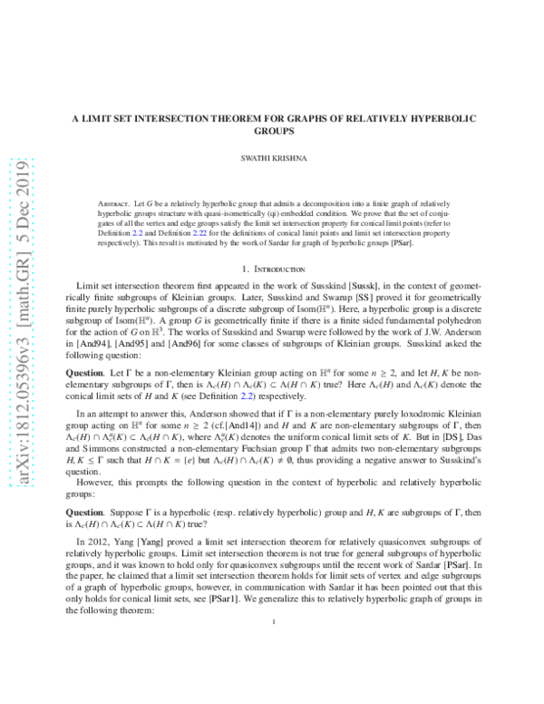(PDF) A Limit Set Intersection Theorem for Graph of Relatively ...
