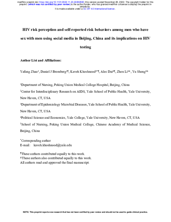 (PDF) HIV risk perception and self-reported risk behaviors among men ...