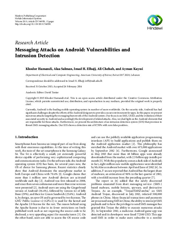 (PDF) Messaging Attacks on Android: Vulnerabilities and Intrusion Detection