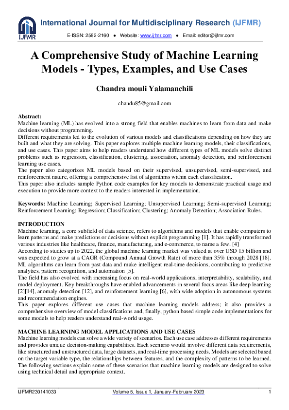 (PDF) A Comprehensive Study of Machine Learning Models -Types, Examples ...