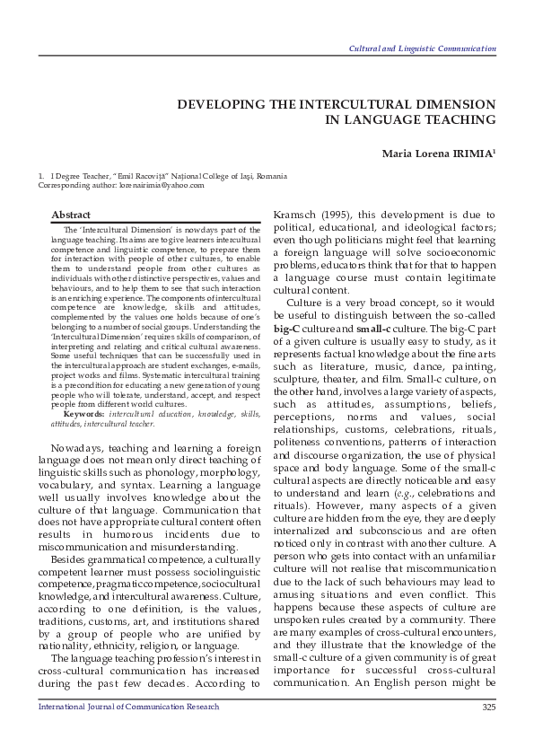(PDF) Developing the Intercultural Dimension In Language Teaching