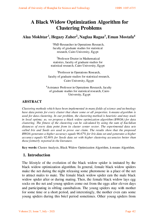 (PDF) A Black Widow Optimization Algorithm for Clustering Problems
